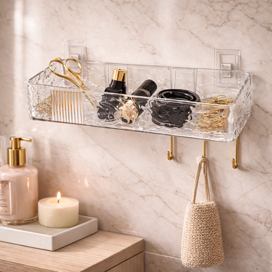 Transparent Wall-Mounted Acrylic Organizer Shelf with Adhesive Hooks – Bathroom & Kitchen Storage