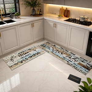 Vintage Script Anti-Slip Water Absorbent Kitchen Floor Mat Set – Luxury Washable 2 Piece Kitchen Runner Rugs for Modern Homes