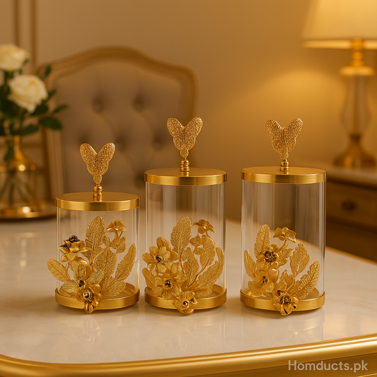 Luxury Golden Floral Glass Storage Jar Set – 3-Piece Decorative Airtight Containers