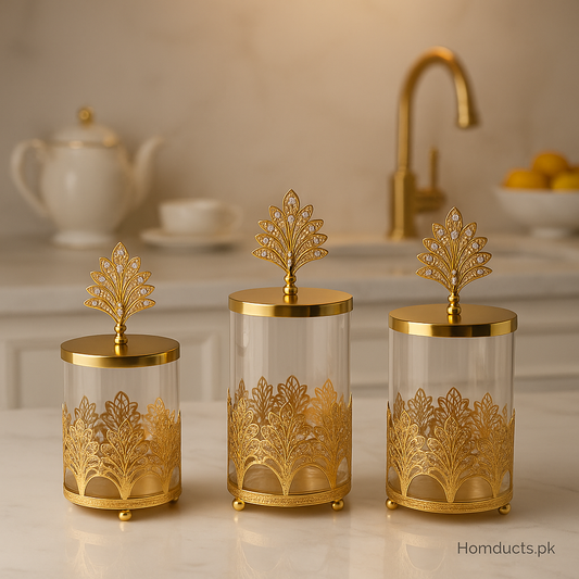 Luxury Golden Peacock Canister Set – Premium Decorative Glass Jars by Homducts.pk (BA-15)