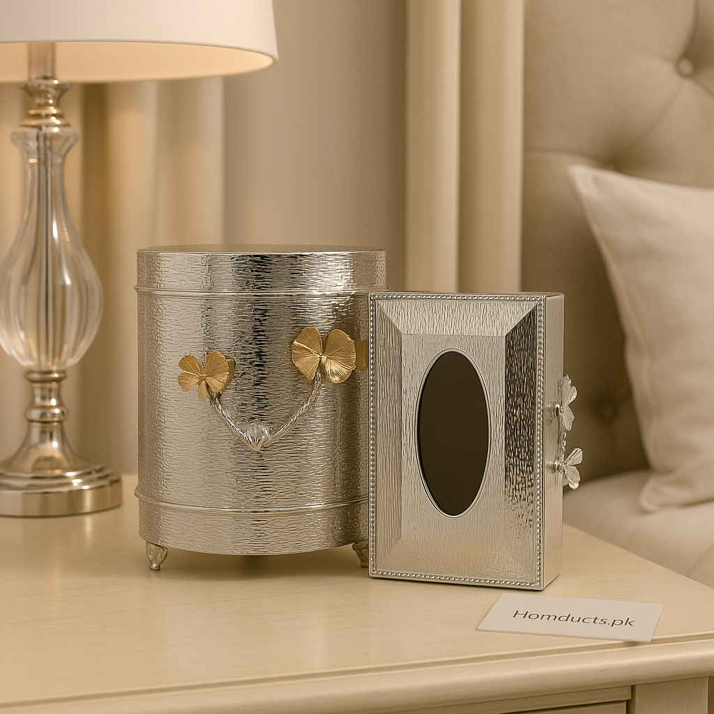 Luxury Silver Butterfly Tissue Box & Dustbin Set – Premium Hammered Design
