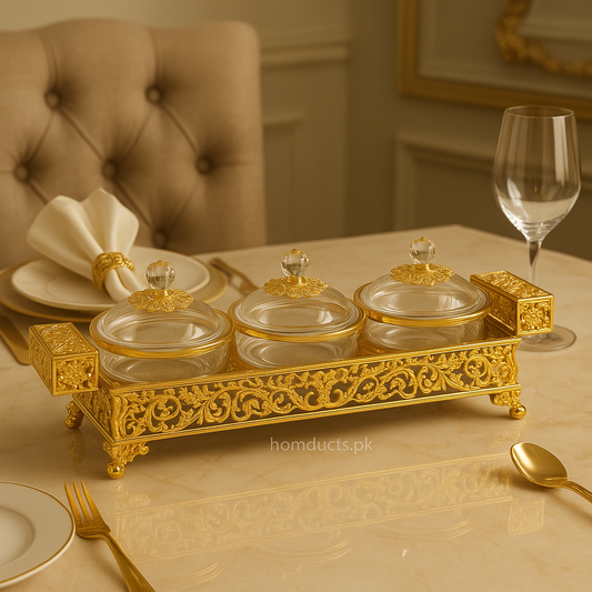Luxury Golden 3-Bowl Serving Set with Crystal Lids – Premium Decorative Food Server