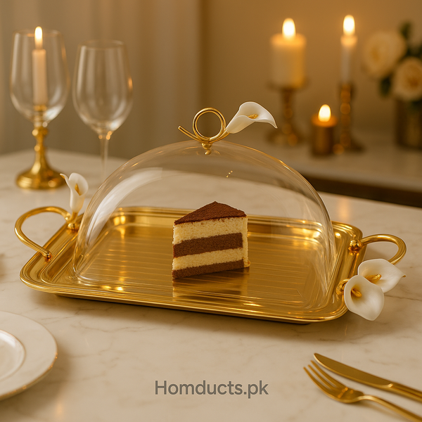 Luxury Golden Serving Tray with Glass Dome & Lily Handles – Premium Dessert & Snack Display