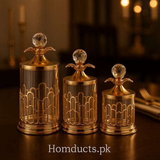 Luxury Golden Crystal-Top Jar Set – Premium Decorative Storage