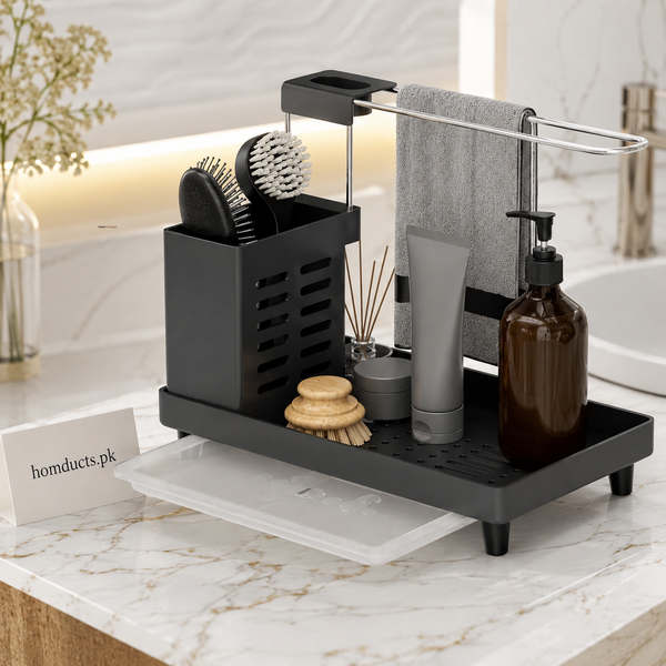 Premium Bathroom Countertop Organizer with Towel Bar & Removable Drain Tray | Multi-Function Sink Caddy
