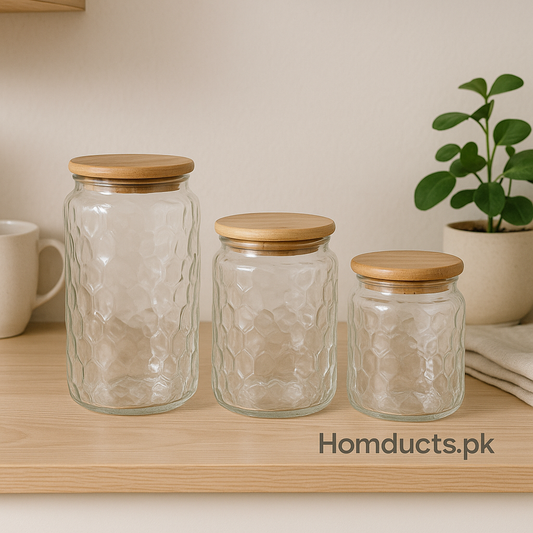 Luxury Honeycomb Glass Storage Jar with Wooden Lid – Available in Small, Medium & Large