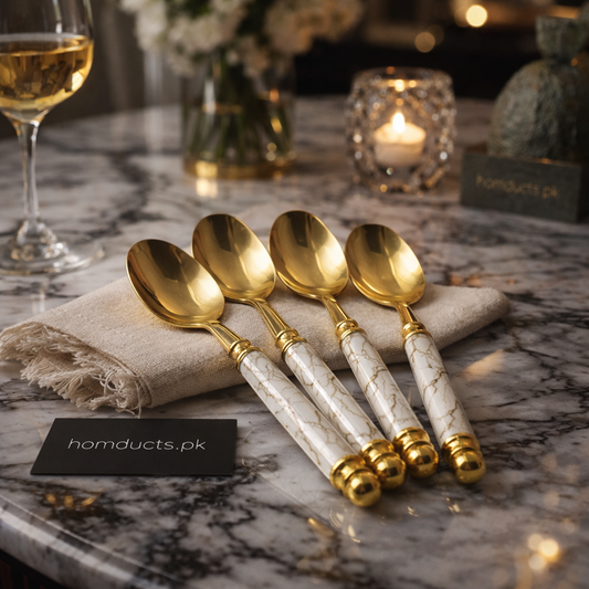 Luxury Gold Marble Handle Spoon Set – 4PCS Premium Dessert & Tea Cutlery