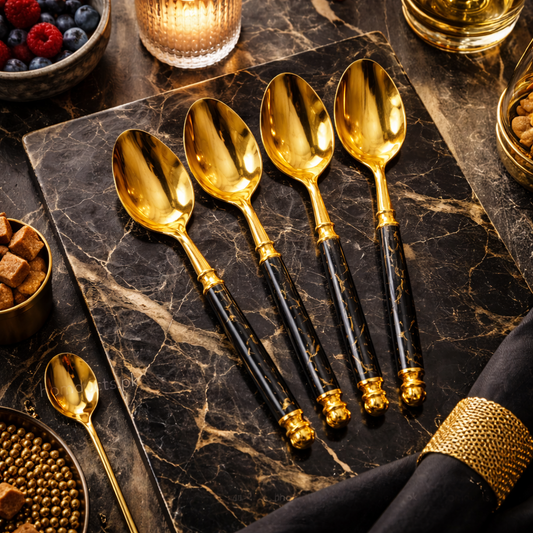 Luxury Gold Marble Handle Spoon Set – 4 Pcs Premium Dining Cutlery
