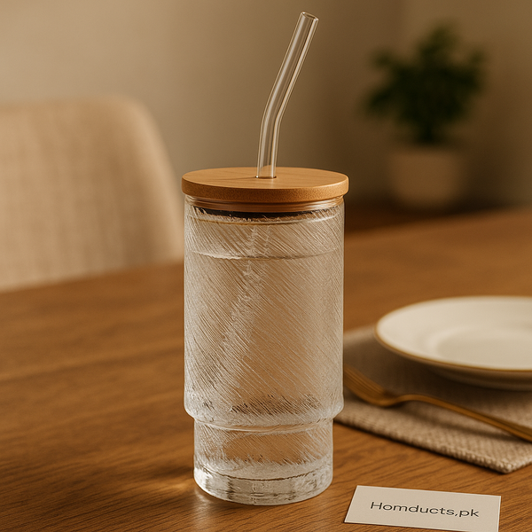 Luxury Textured Glass Tumbler with Bamboo Lid & Glass Straw – Premium 500ml Drinkware