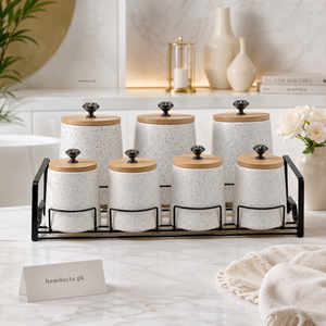 Premium 7-Piece Ceramic Kitchen Storage Jar Set with Metal Stand & Bamboo Lids | Spice, Tea, Coffee & Sugar Containers