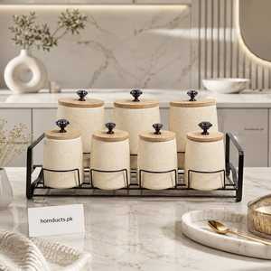 Premium 7-Piece Ceramic Kitchen Storage Jar Set with Wooden Lids & Metal Stand | Spice & Dry Food Organizer