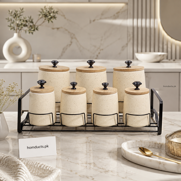 Premium 7-Piece Ceramic Kitchen Storage Jar Set with Wooden Lids & Metal Stand | Spice & Dry Food Organizer