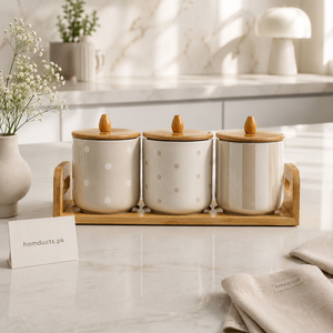 3-Piece Ceramic Kitchen Storage Jar Set with Wooden Airtight Lids & Bamboo Tray