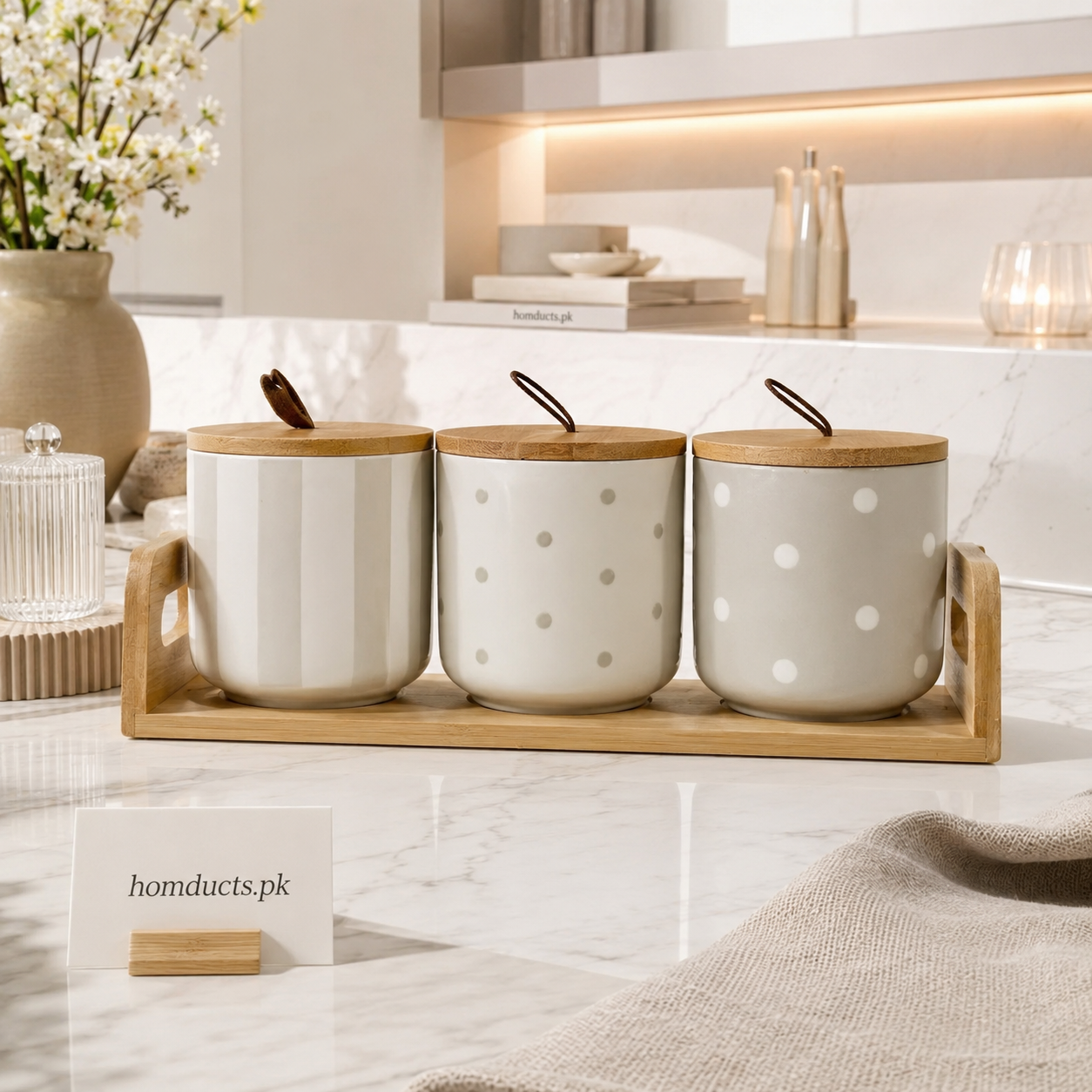 Premium 3-Piece Ceramic Kitchen Storage Jar Set with Airtight Bamboo Lids & Wooden Tray – Modern Countertop Organizer