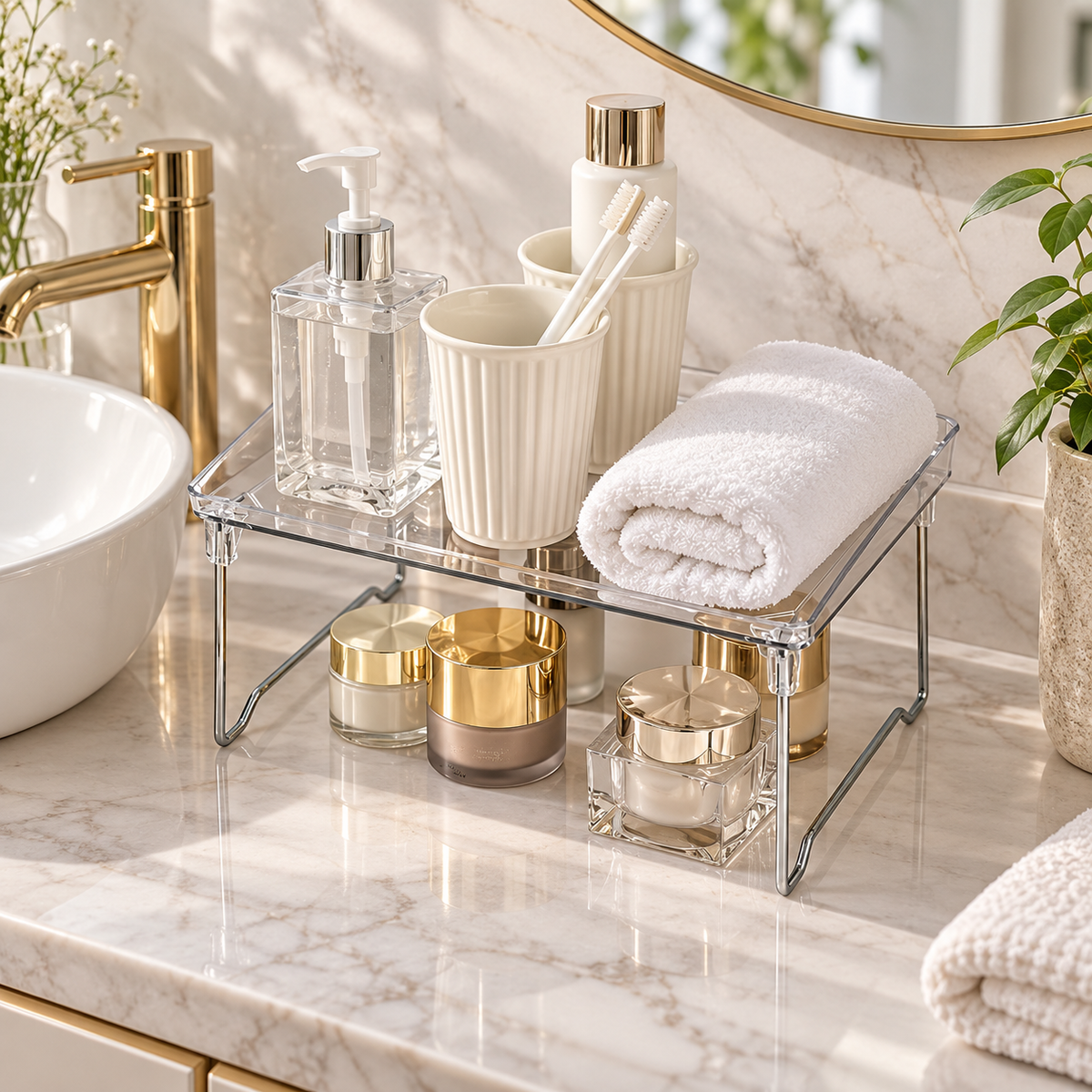 Clear Acrylic Countertop Storage Rack – Foldable Multipurpose Organizer Shelf