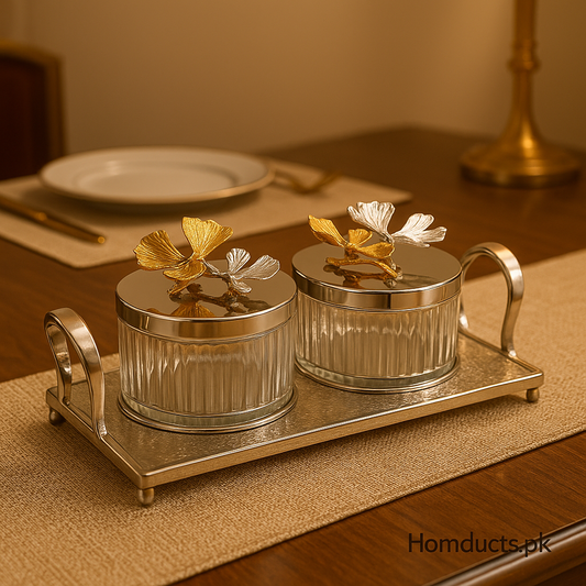 Luxury Golden & Silver Floral Crystal Jar Set with Tray – 2-Piece Decorative Storage Set