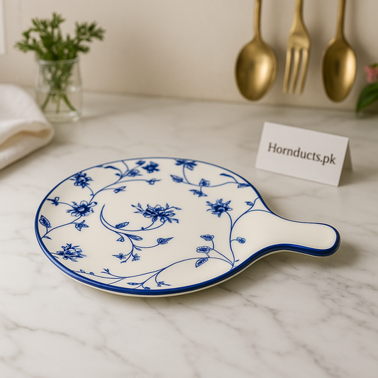 Brilliant Royal Blue Floral Ceramic Paddle Plate – Luxury Handcrafted Serving Dish
