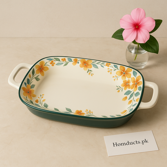 Brilliant Floral Ceramic Serving Tray – Elegant Rectangular Bakeware with Handles