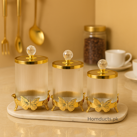 ✨ Luxury Butterfly Crystal Lid Jar Set – 3-Piece Gold Storage Canisters