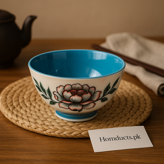 Brilliant Oriental Blossom Ceramic Bowl – Handcrafted Blue Interior Floral Bowl