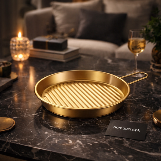 Luxury Golden Stainless Steel Grill Serving Plate with Handle