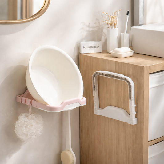 Premium Foldable Wall-Mounted Wash Basin Holder – Space-Saving Bathroom Organizer Rack