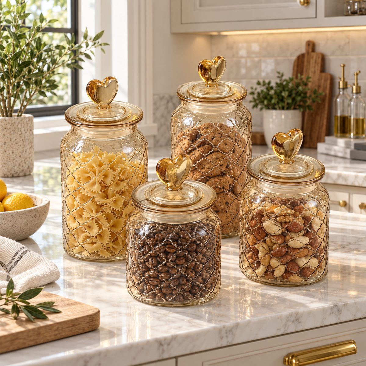 3-Piece Heart Lid Glass Storage Jar Set – Embossed Kitchen Containers