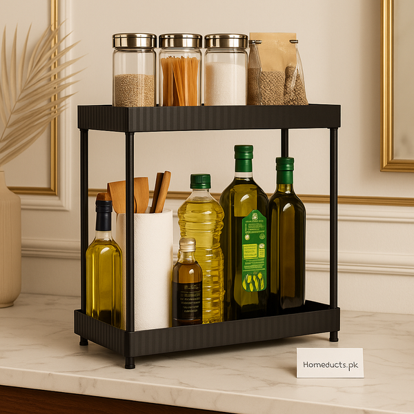 Luxury Sliding 2-Tier Black Kitchen Organizer Rack – Premium Countertop Storage Shelf