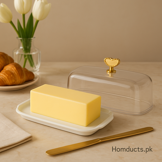 Luxury Clear Butter Dish with Golden Handle – Elegant Tabletop Storage