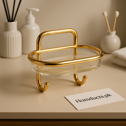 Luxury Golden Wall-Mounted Soap Holder with Hooks – Premium Bathroom Organizer