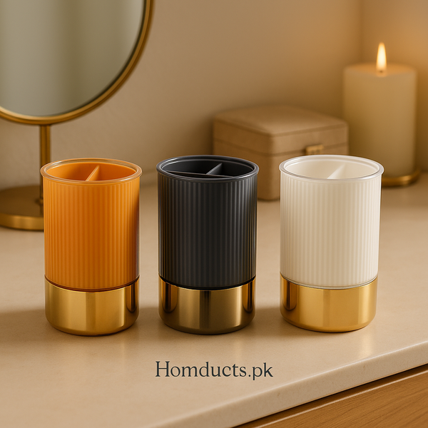 Luxury Ribbed Organizer Cup – 1 Pc 
Premium Gold Base Storage Holder