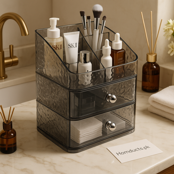 Luxury Smoky Acrylic Makeup Organizer with 2 Drawers – Premium Cosmetic Storage Box