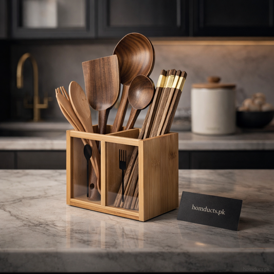 Luxury Bamboo Wooden Cutlery Holder – Kitchen Utensil Organizer Stand