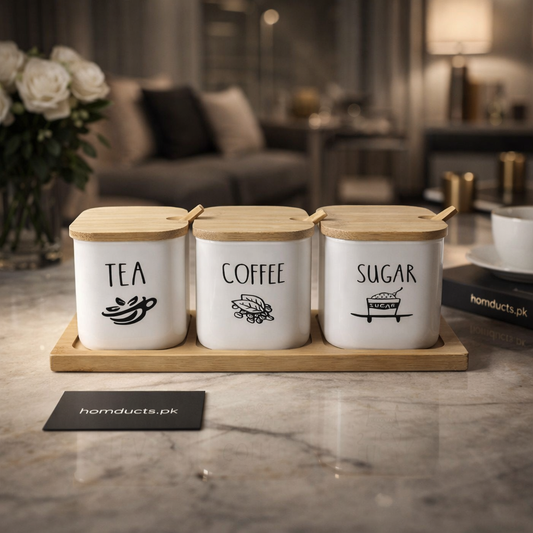 Premium Ceramic Tea Coffee Sugar Jar Set with Bamboo Lids & Wooden Tray – 3 Piece Kitchen Organizer