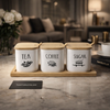Premium Ceramic Tea Coffee Sugar Jar Set with Bamboo Lids & Wooden Tray – 3 Piece Kitchen Organizer