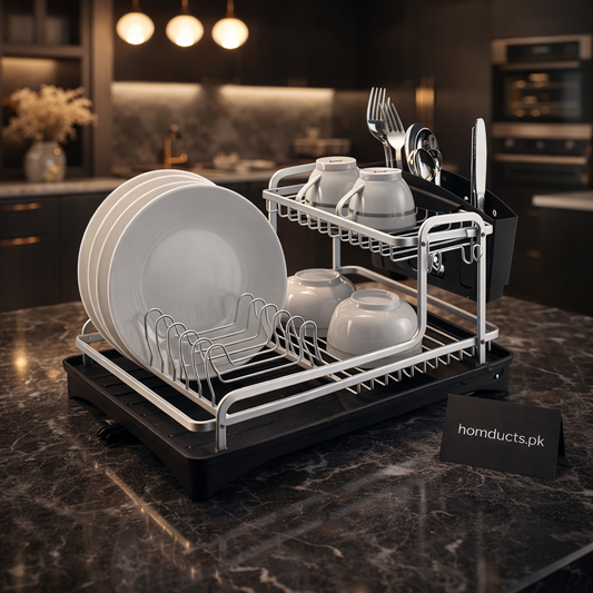 Luxury 2-Tier Stainless Steel Dish Drying Rack with Drip Tray & Cutlery Holder