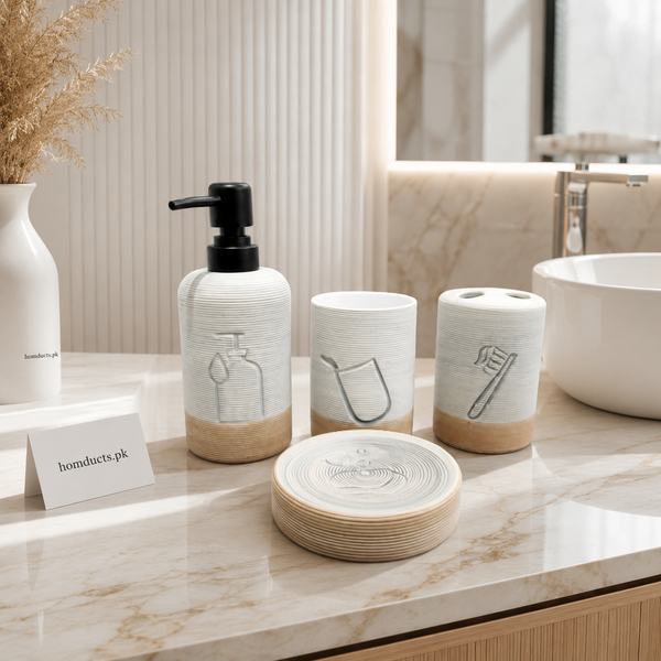 4-Piece Ribbed Ceramic Bathroom Accessories Set with Soap Dispenser, Toothbrush Holder, Tumbler & Soap Dish – Modern Bathroom Organizer