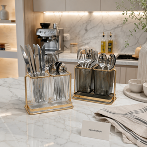 Luxury Acrylic Cutlery Holder with Gold Metal Stand | 2-Compartment Kitchen Utensil Organizer