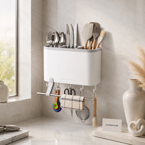 Ecoco Wall-Mounted Cutlery & Kitchen Utensil Organizer with Towel Bar & Hooks | Multi-Function Storage Rack