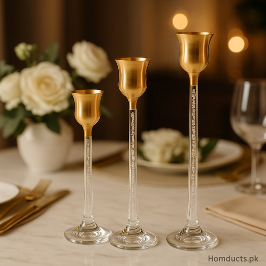 Luxury Gold & Crystal Candle Holder Set – Elegant Table Décor (3 Pcs)