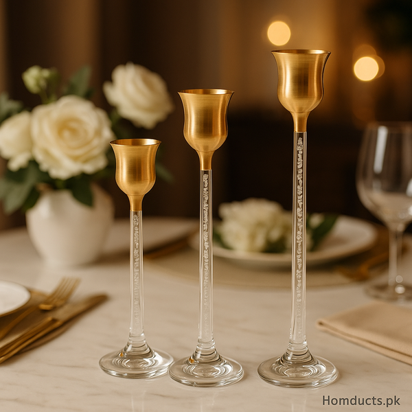 Luxury Gold & Crystal Candle Holder Set – Elegant Table Décor (3 Pcs)
