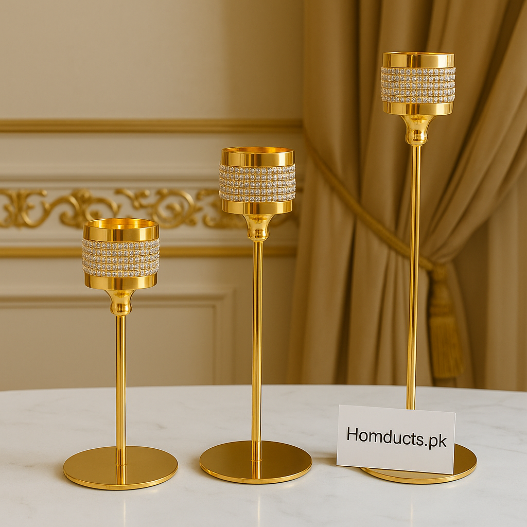 Luxury Crystal Gold Candle Holder Set – 3 Pcs Elegant Table Décor