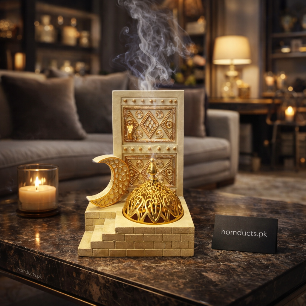 Luxury Porcelain Bakhoor Burner with Golden Crescent Incense Holder – Premium Arabic Luban Dan Decor Piece