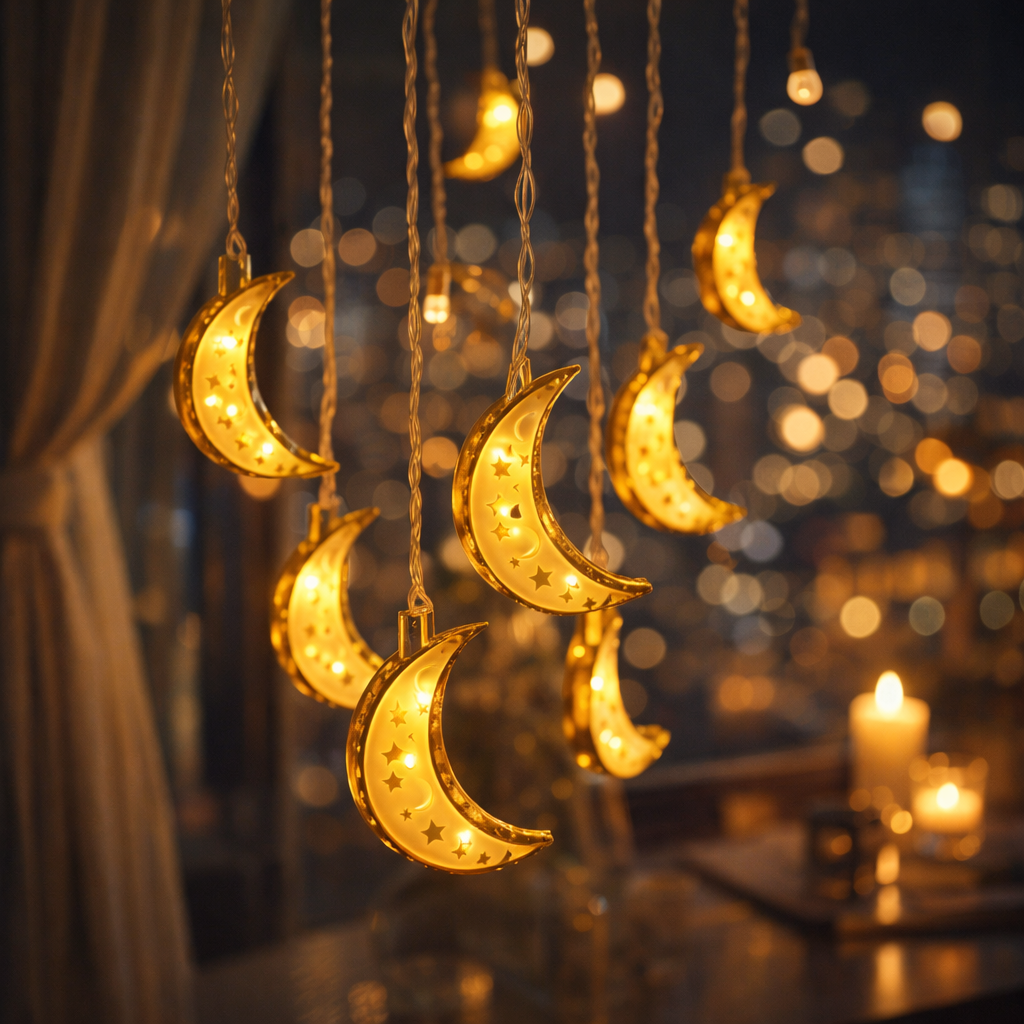 Luxury Crescent Moon LED String Lights – Warm Golden Ramadan Decorative Hanging Lights