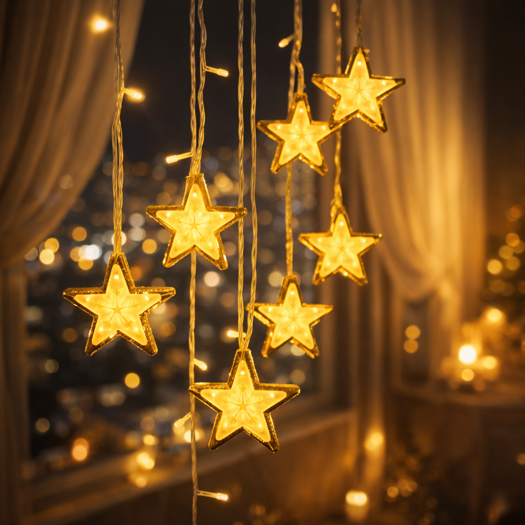 Luxury Golden Star LED Hanging String Lights – Warm White Decorative Fairy Lights for Bedroom, Living Room & Festive Decor