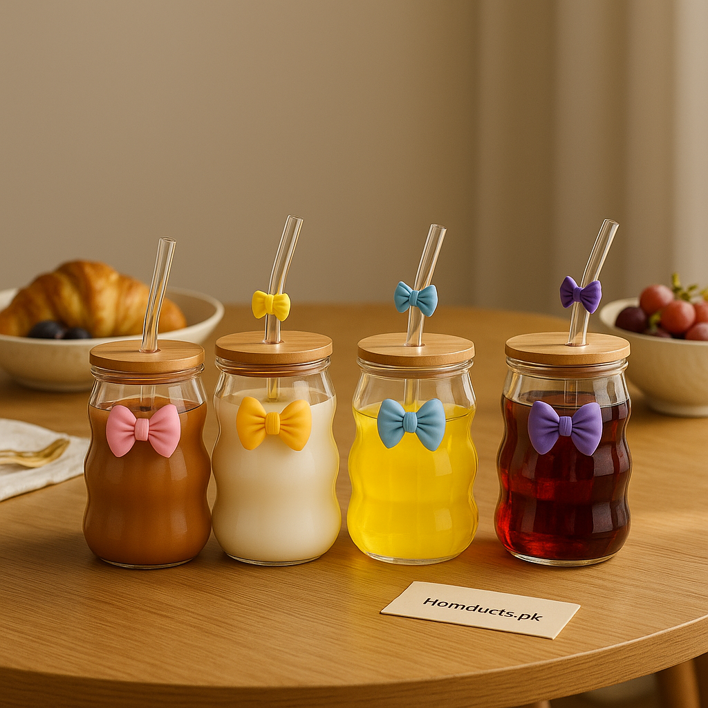 Curvy Glass Tumbler Set with Pink Bow Charms – Aesthetic Iced Coffee & Juice Cups with Bamboo Lid and Glass Straw