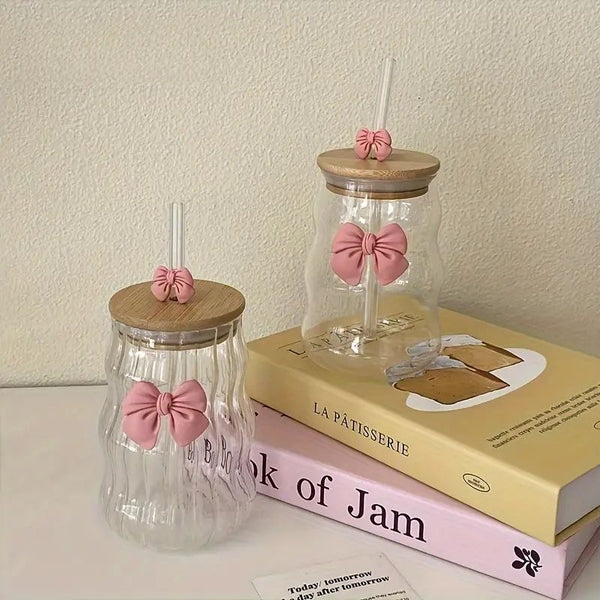 Curvy Glass Tumbler Set with Pink Bow Charms – Aesthetic Iced Coffee & Juice Cups with Bamboo Lid and Glass Straw