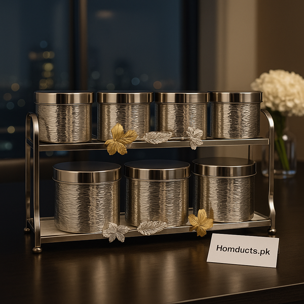 Luxury Silver Hammered 7-Piece Storage Jar Set with 2-Tier Metal Stand – Premium Kitchen Canister Set