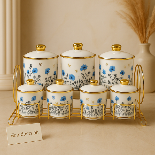 Luxury Floral Ceramic 15-Pcs Storage Jar Set with Golden Stand – Premium Kitchen Canister Set