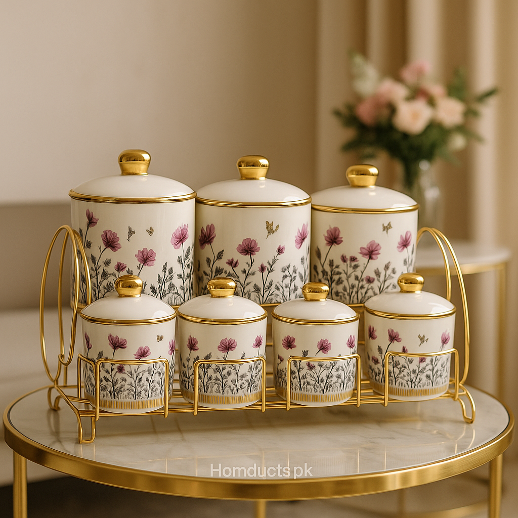 Luxury Floral Ceramic Canister Set – 15 Pcs With Golden Rack | Kitchen Storage Jars | Homducts.pk